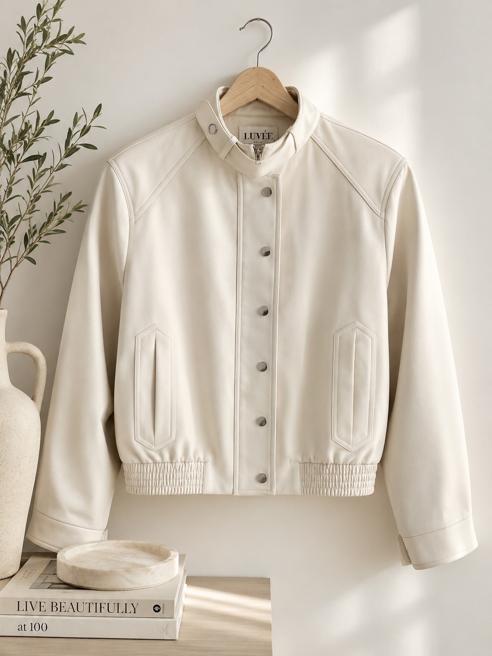 LUVÉE Ivory Silky-Feel Cropped Bomber Jacket NWOT Size S